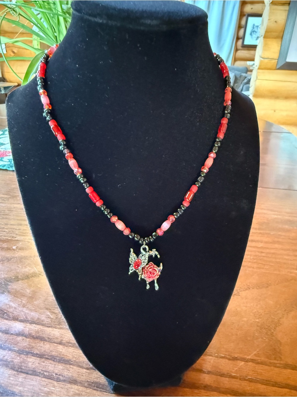 Red Beaded Pendant Necklace with Rose Charm